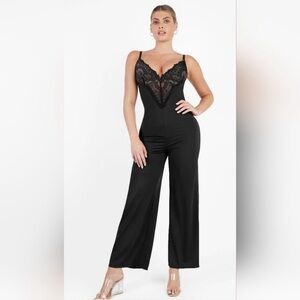 NWT Popilush Shapewear Built In Lace‎ Jumpsuit V-neck Wide Leg in Black Sz Small